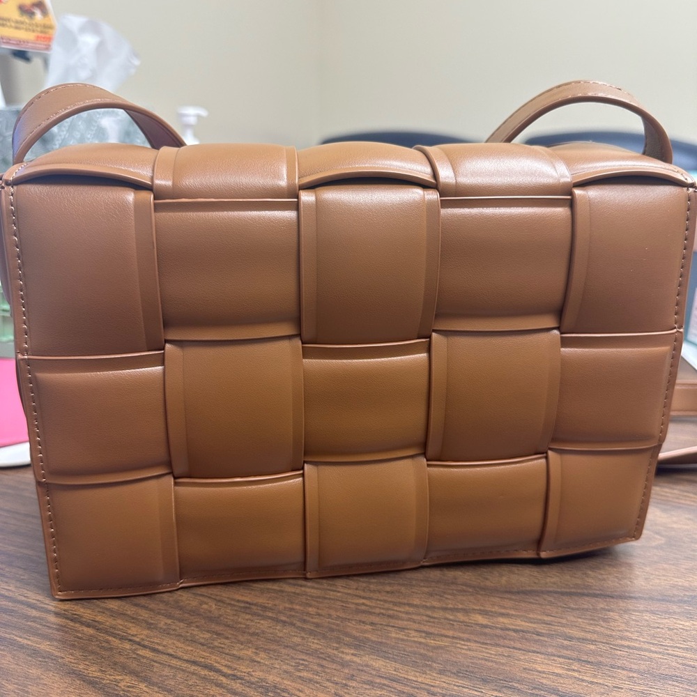 Woven Leather Crossbody Bag in Caramel Brown